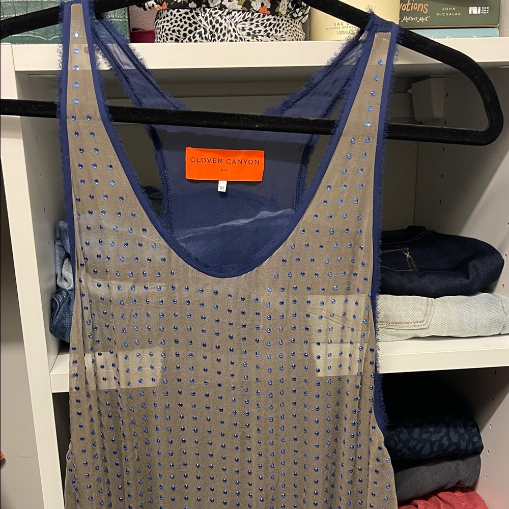 Clover Canyon Blue and Tan Embellished Shear Tank Mini Dress